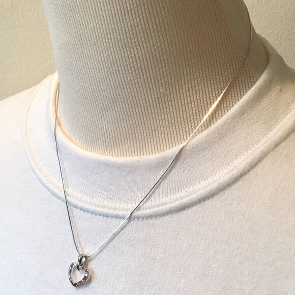 Sterling Silver Pink Sapphire Necklace Lab Created CZ Heart Pendant Snake Chain - Picture 10 of 16
